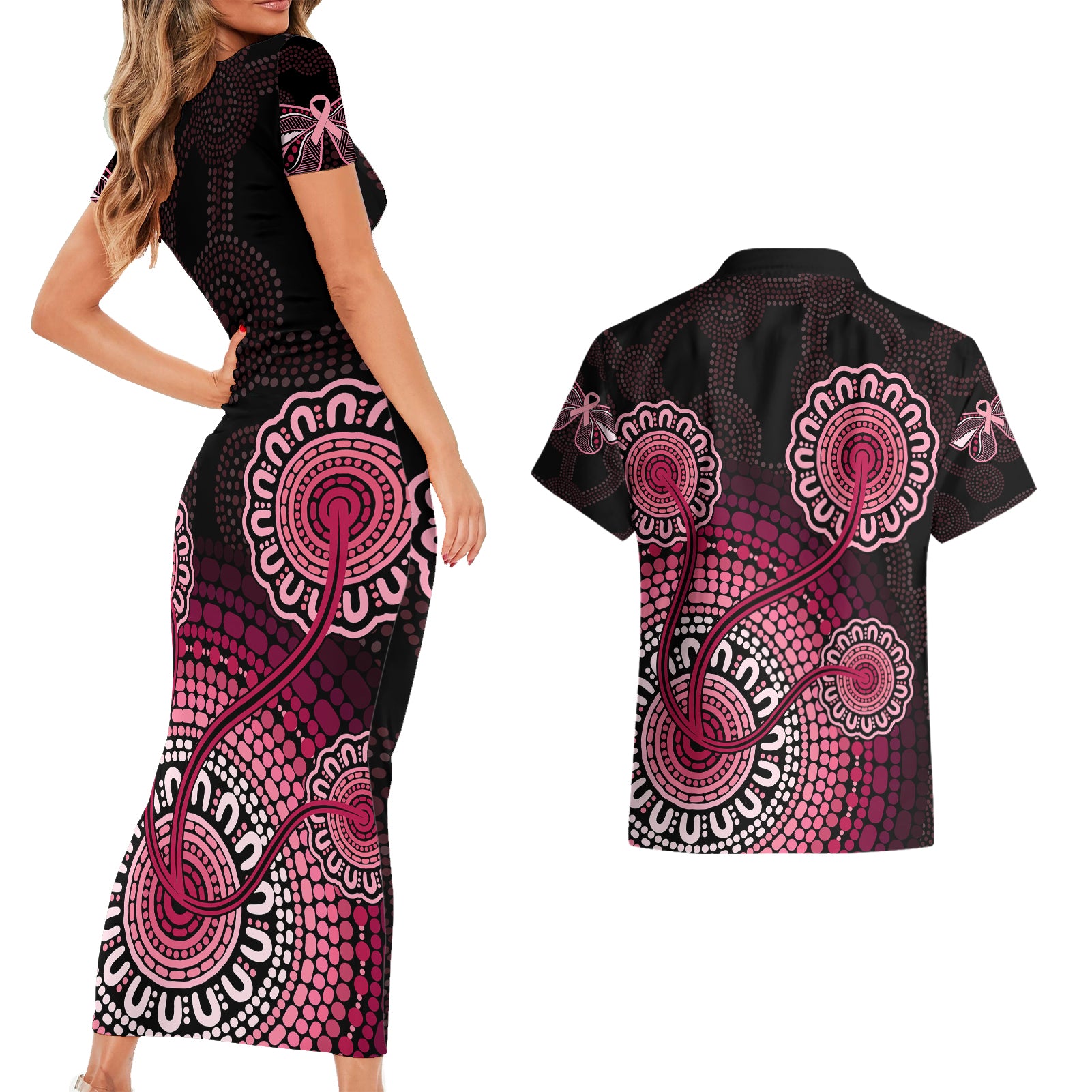 australia-indigenous-couples-matching-short-sleeve-bodycon-dress-and-hawaiian-shirt-breast-cancer-ribbon-aboriginal-art-black