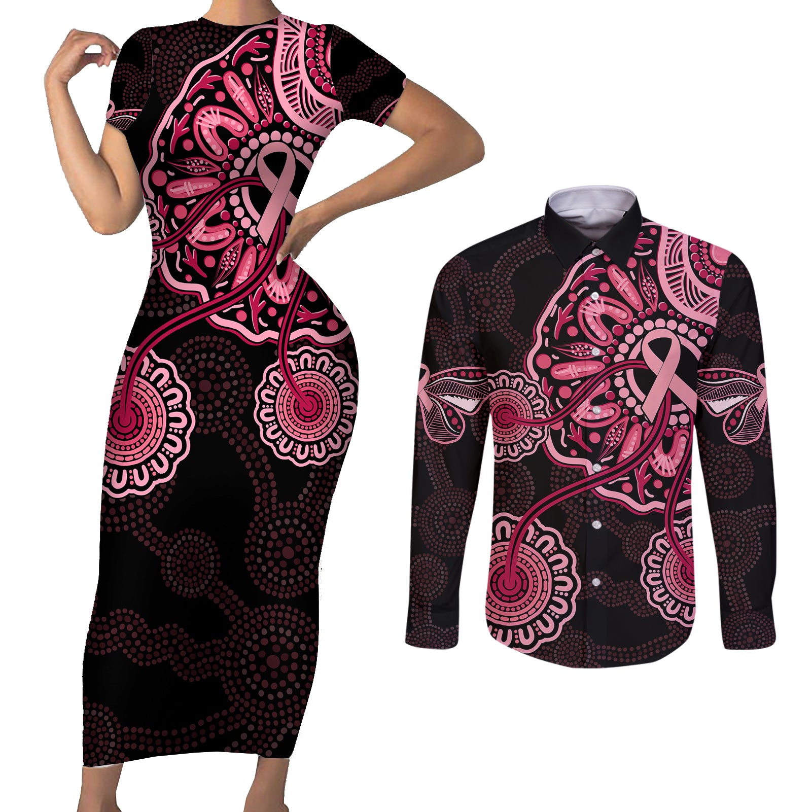 australia-indigenous-couples-matching-short-sleeve-bodycon-dress-and-long-sleeve-button-shirts-breast-cancer-ribbon-aboriginal-art-black