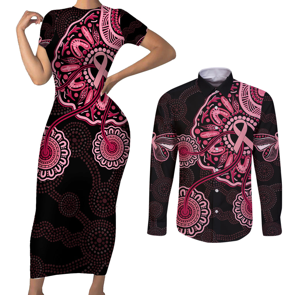australia-indigenous-couples-matching-short-sleeve-bodycon-dress-and-long-sleeve-button-shirts-breast-cancer-ribbon-aboriginal-art-black