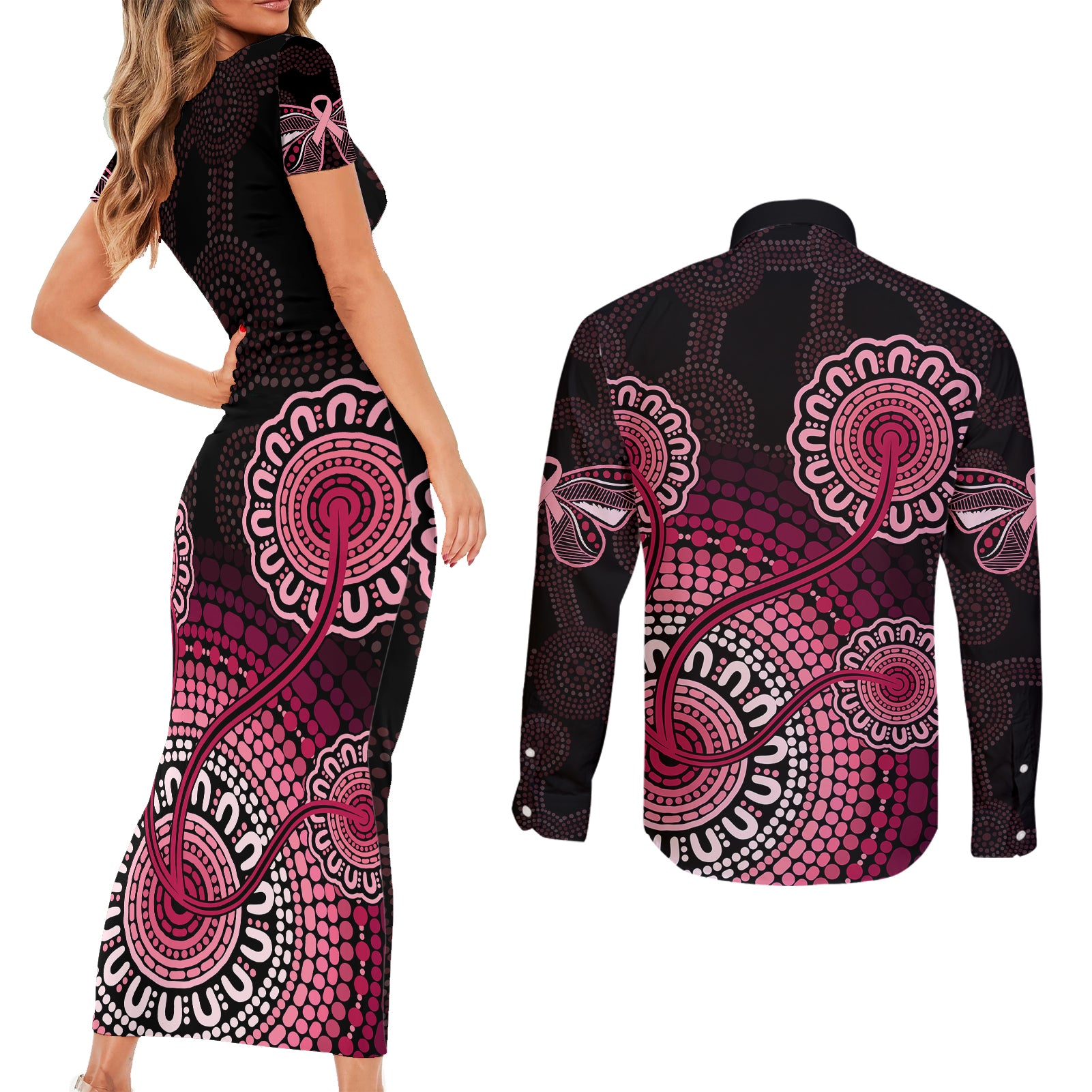 australia-indigenous-couples-matching-short-sleeve-bodycon-dress-and-long-sleeve-button-shirts-breast-cancer-ribbon-aboriginal-art-black