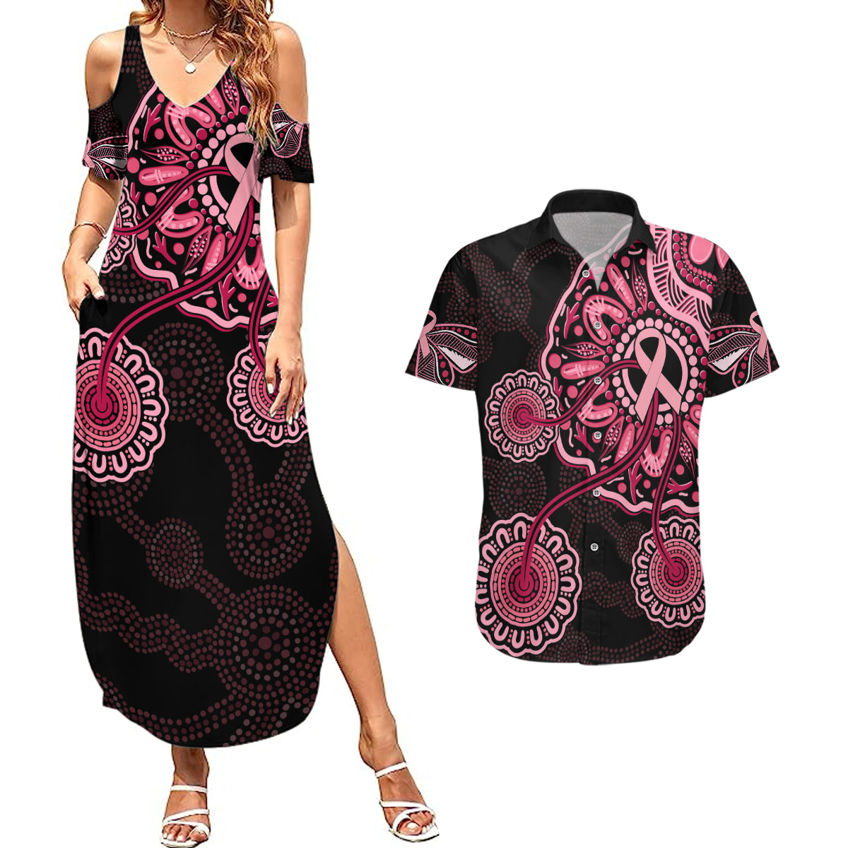 australia-indigenous-couples-matching-summer-maxi-dress-and-hawaiian-shirt-breast-cancer-ribbon-aboriginal-art-black