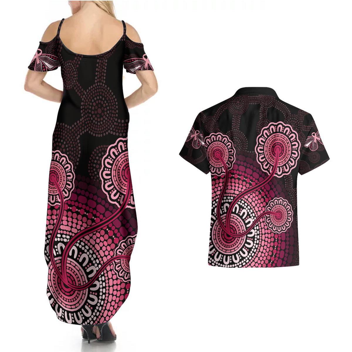 australia-indigenous-couples-matching-summer-maxi-dress-and-hawaiian-shirt-breast-cancer-ribbon-aboriginal-art-black