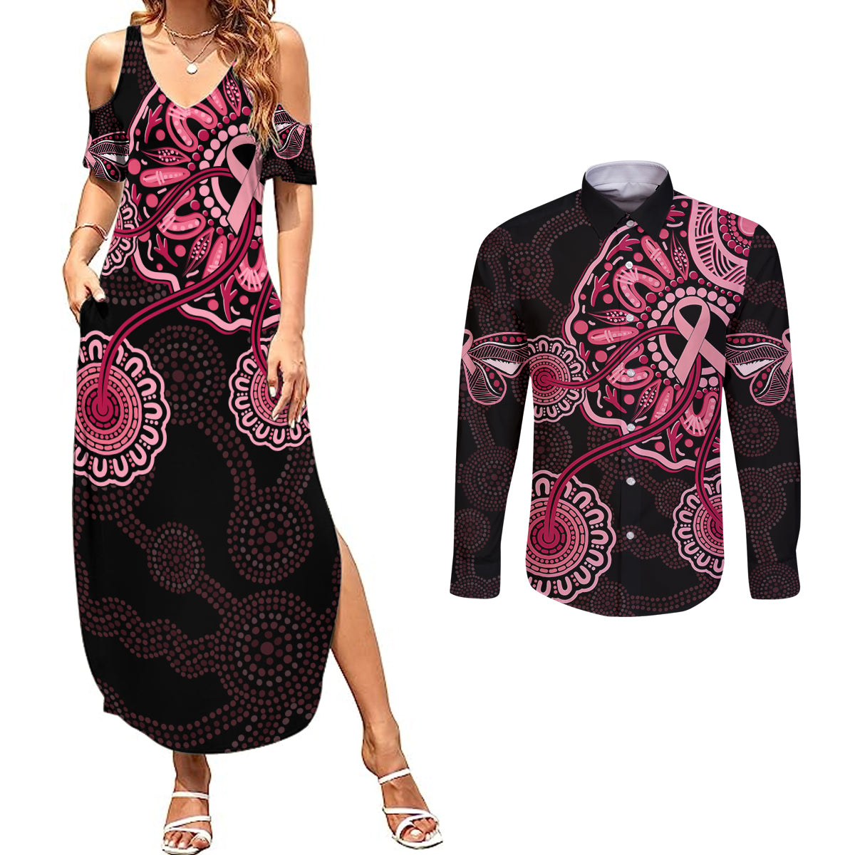 australia-indigenous-couples-matching-summer-maxi-dress-and-long-sleeve-button-shirts-breast-cancer-ribbon-aboriginal-art-black