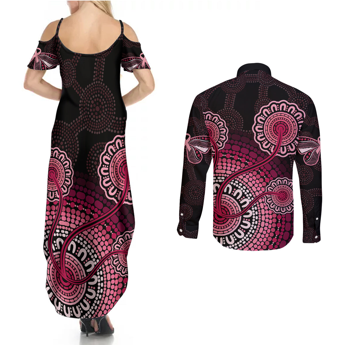 australia-indigenous-couples-matching-summer-maxi-dress-and-long-sleeve-button-shirts-breast-cancer-ribbon-aboriginal-art-black