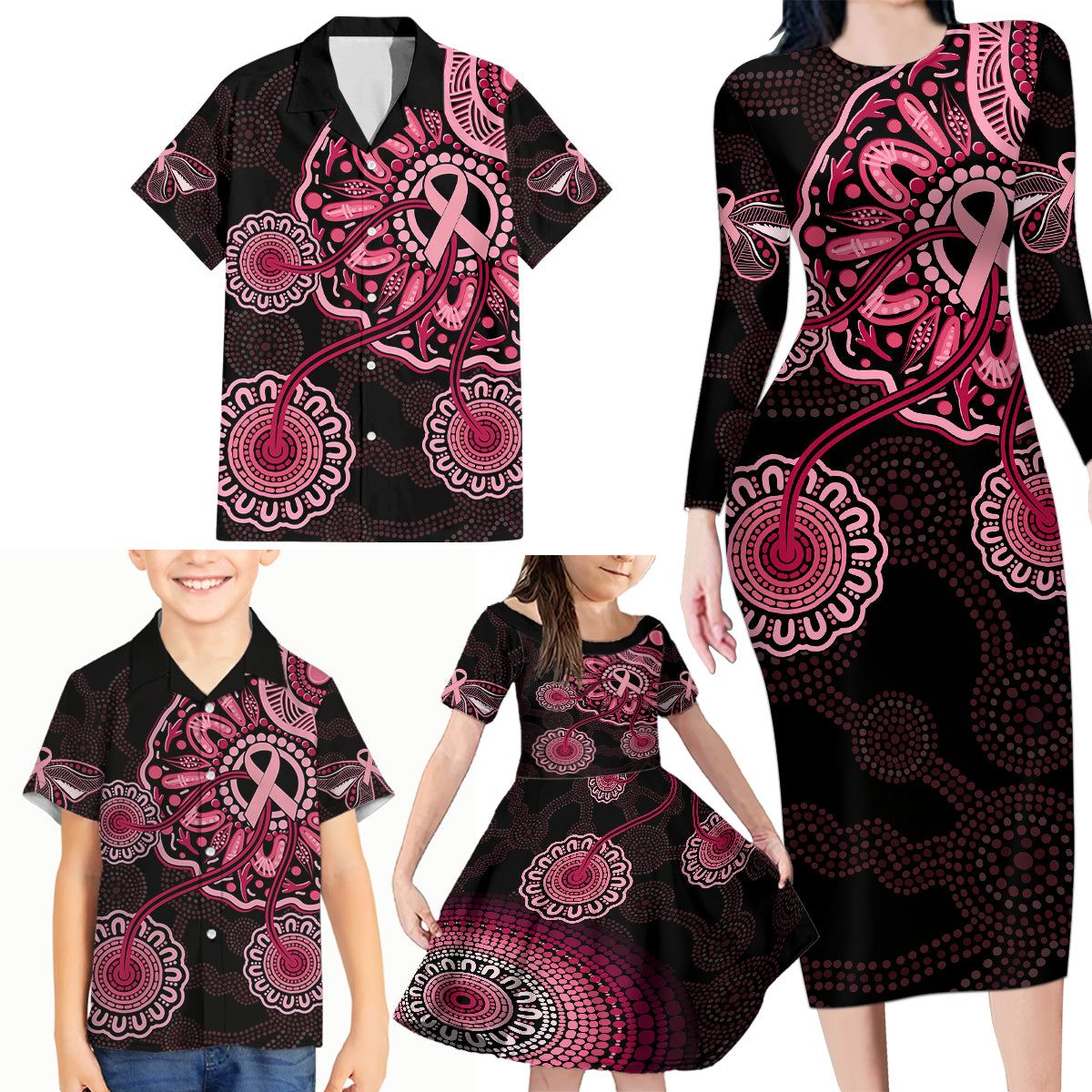 australia-indigenous-family-matching-long-sleeve-bodycon-dress-and-hawaiian-shirt-breast-cancer-ribbon-aboriginal-art-black