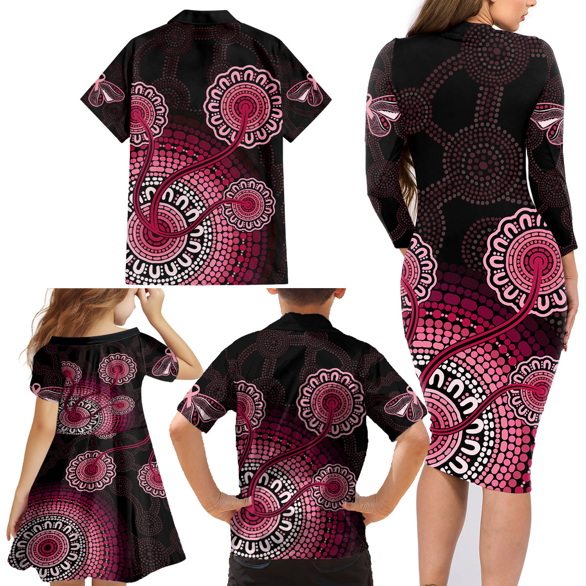 australia-indigenous-family-matching-long-sleeve-bodycon-dress-and-hawaiian-shirt-breast-cancer-ribbon-aboriginal-art-black