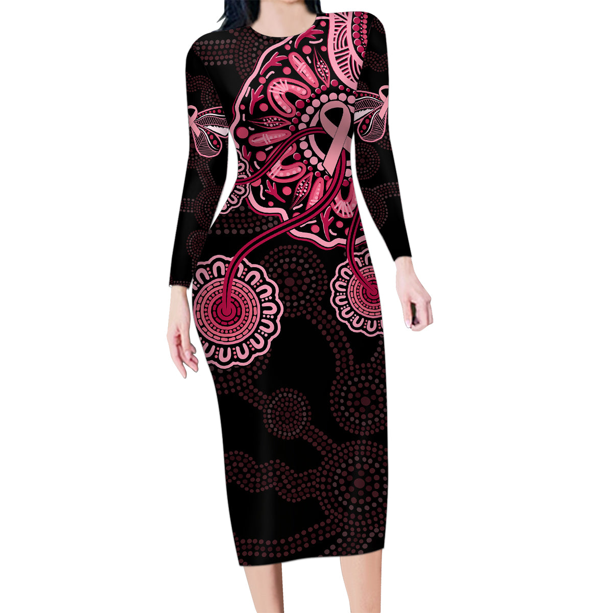 australia-indigenous-family-matching-long-sleeve-bodycon-dress-and-hawaiian-shirt-breast-cancer-ribbon-aboriginal-art-black