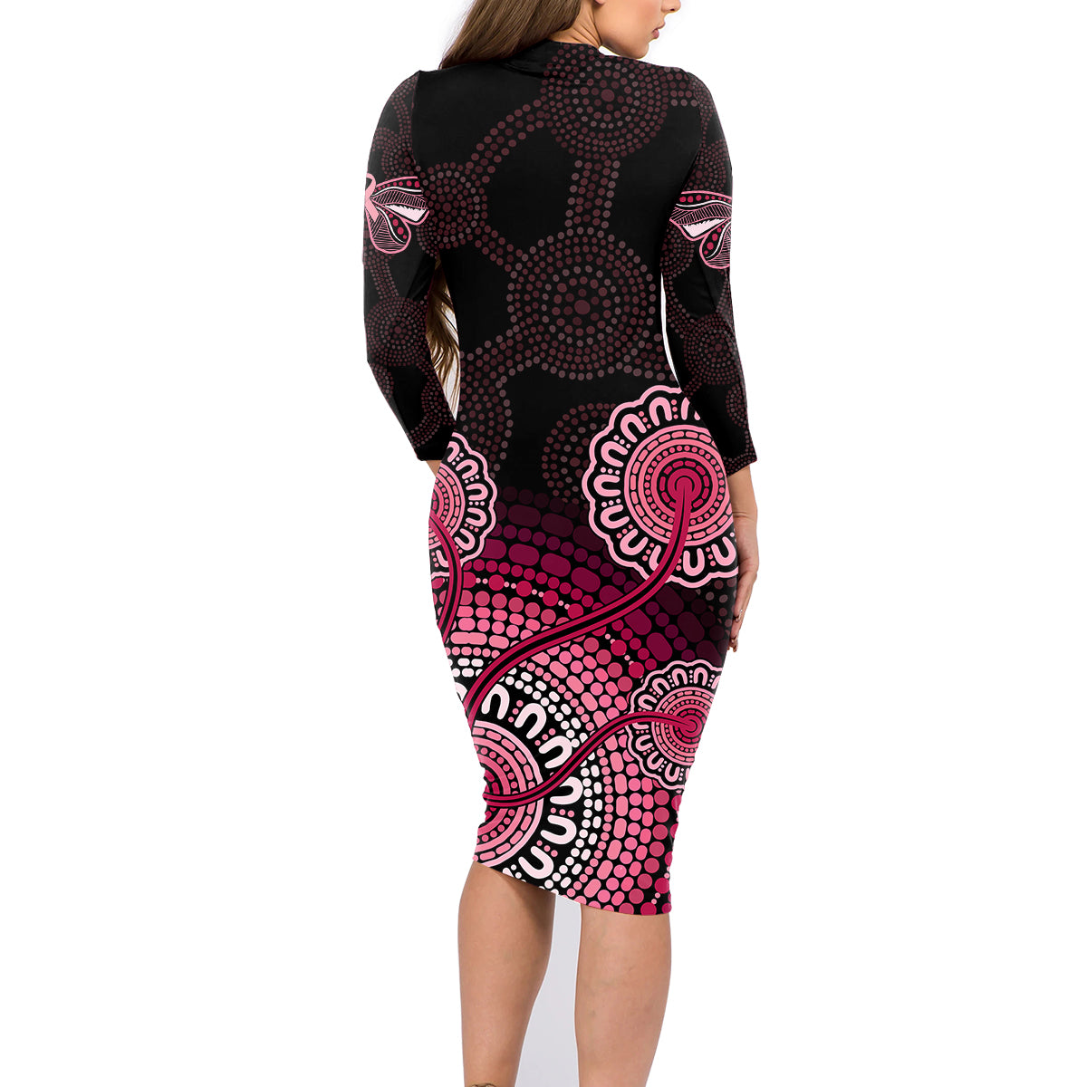 australia-indigenous-family-matching-long-sleeve-bodycon-dress-and-hawaiian-shirt-breast-cancer-ribbon-aboriginal-art-black
