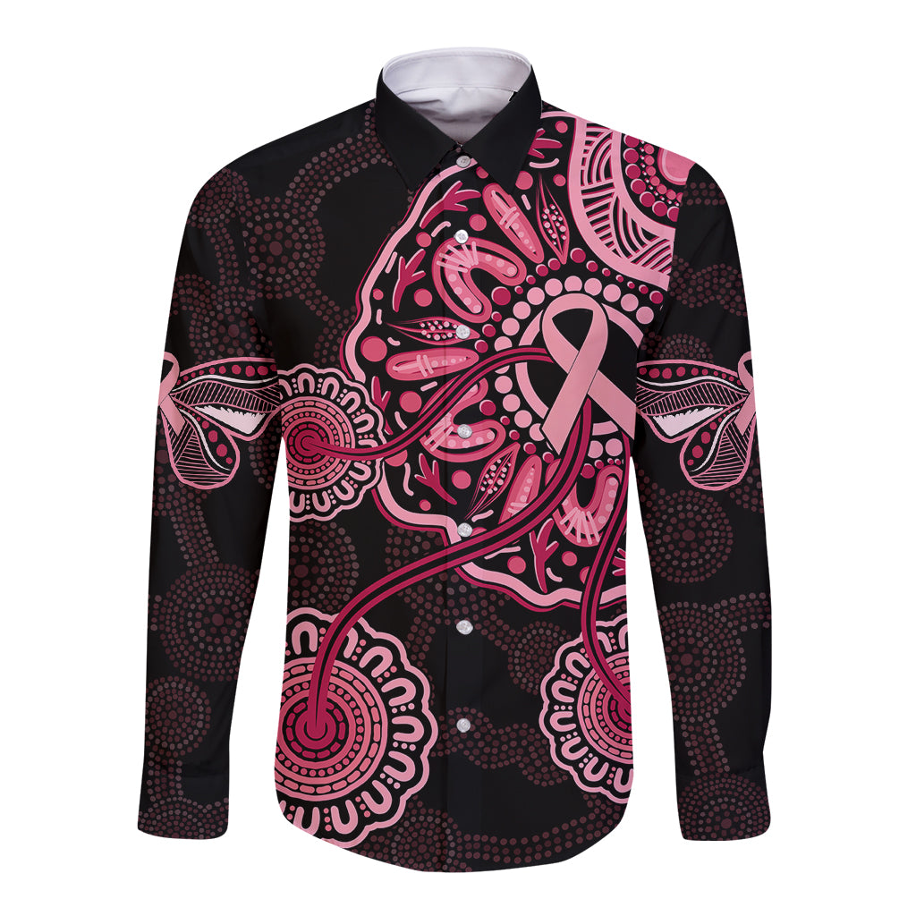 australia-indigenous-long-sleeve-button-shirt-breast-cancer-ribbon-aboriginal-art-black