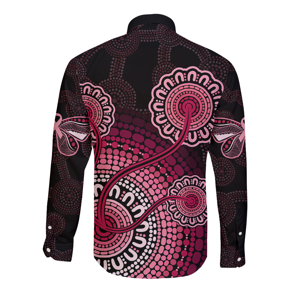 australia-indigenous-long-sleeve-button-shirt-breast-cancer-ribbon-aboriginal-art-black