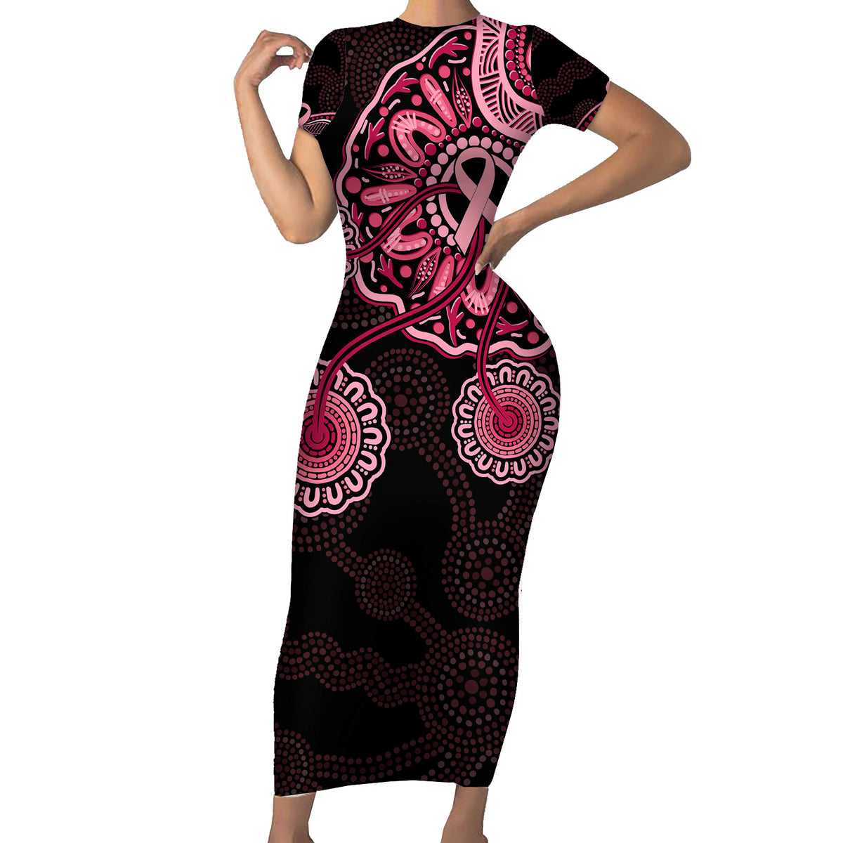 australia-indigenous-short-sleeve-bodycon-dress-breast-cancer-ribbon-aboriginal-art-black