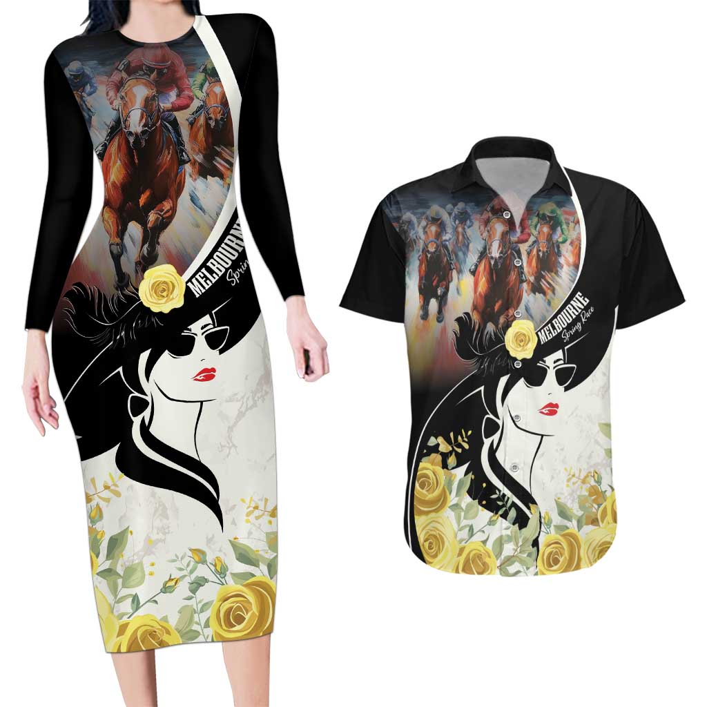 Melbourne Horse Racing Couples Matching Long Sleeve Bodycon Dress and Hawaiian Shirt Derby Day
