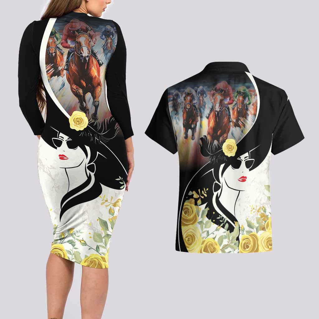 Melbourne Horse Racing Couples Matching Long Sleeve Bodycon Dress and Hawaiian Shirt Derby Day