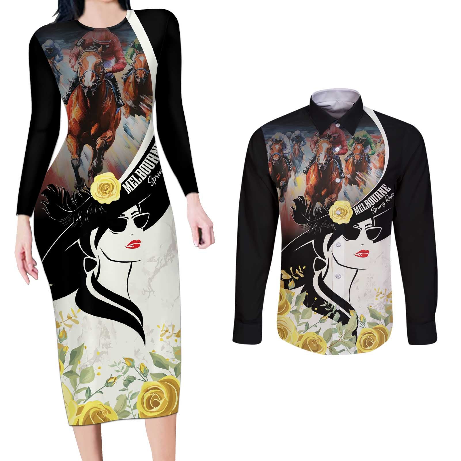 Melbourne Horse Racing Couples Matching Long Sleeve Bodycon Dress and Long Sleeve Button Shirt Derby Day