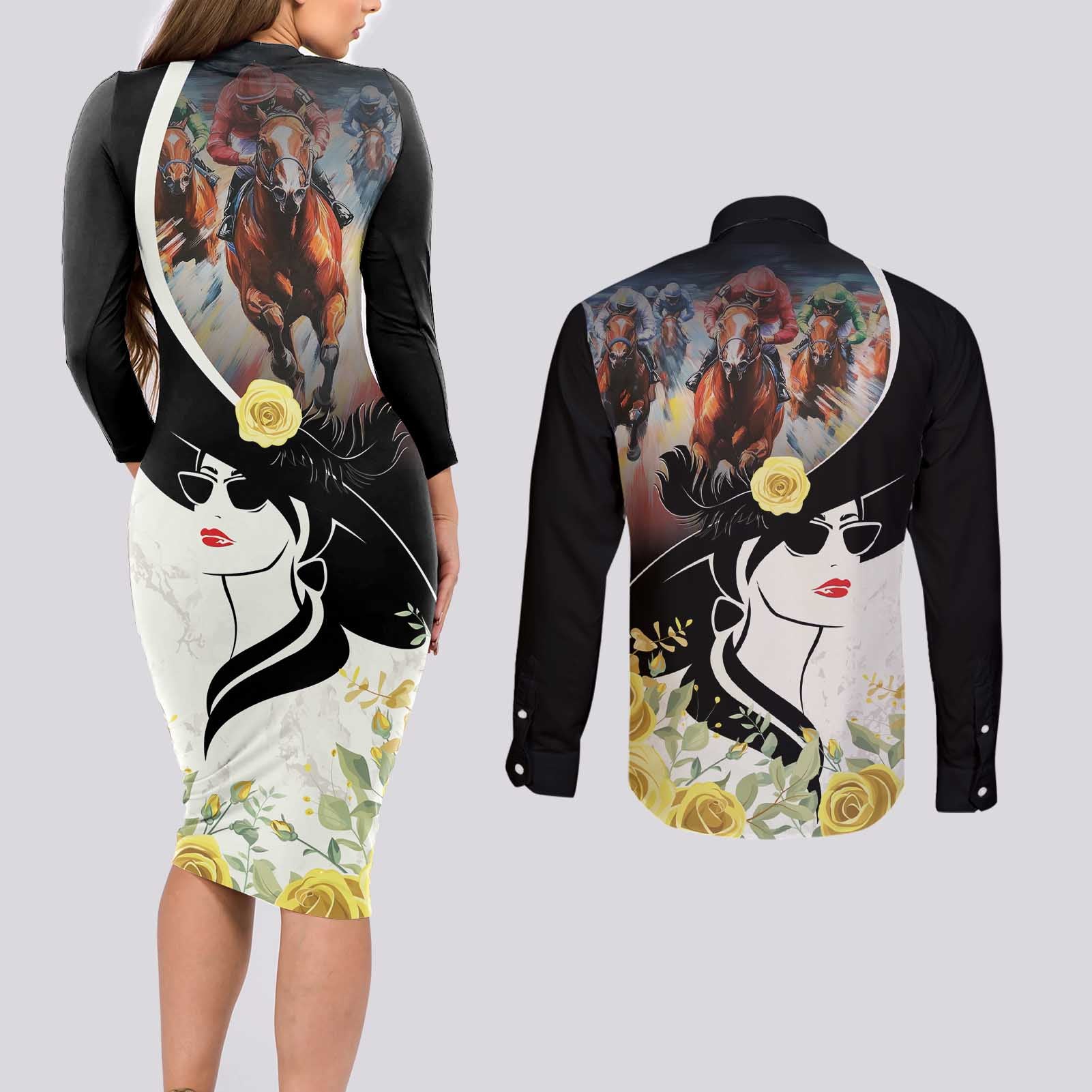 Melbourne Horse Racing Couples Matching Long Sleeve Bodycon Dress and Long Sleeve Button Shirt Derby Day
