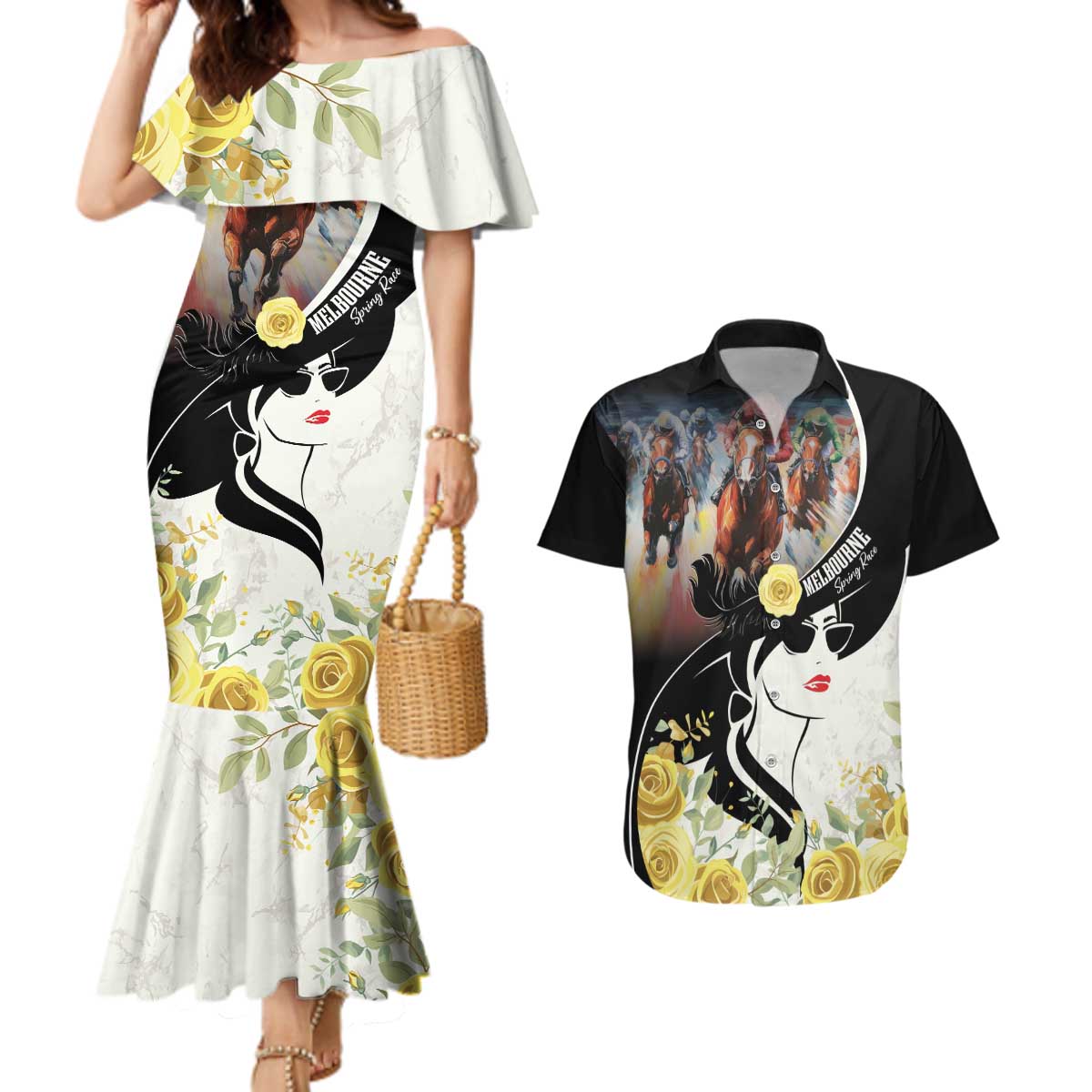 Melbourne Horse Racing Couples Matching Mermaid Dress and Hawaiian Shirt Derby Day