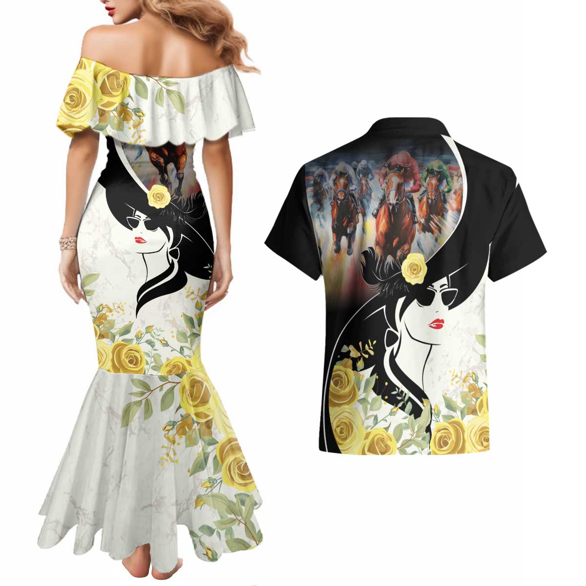 Melbourne Horse Racing Couples Matching Mermaid Dress and Hawaiian Shirt Derby Day