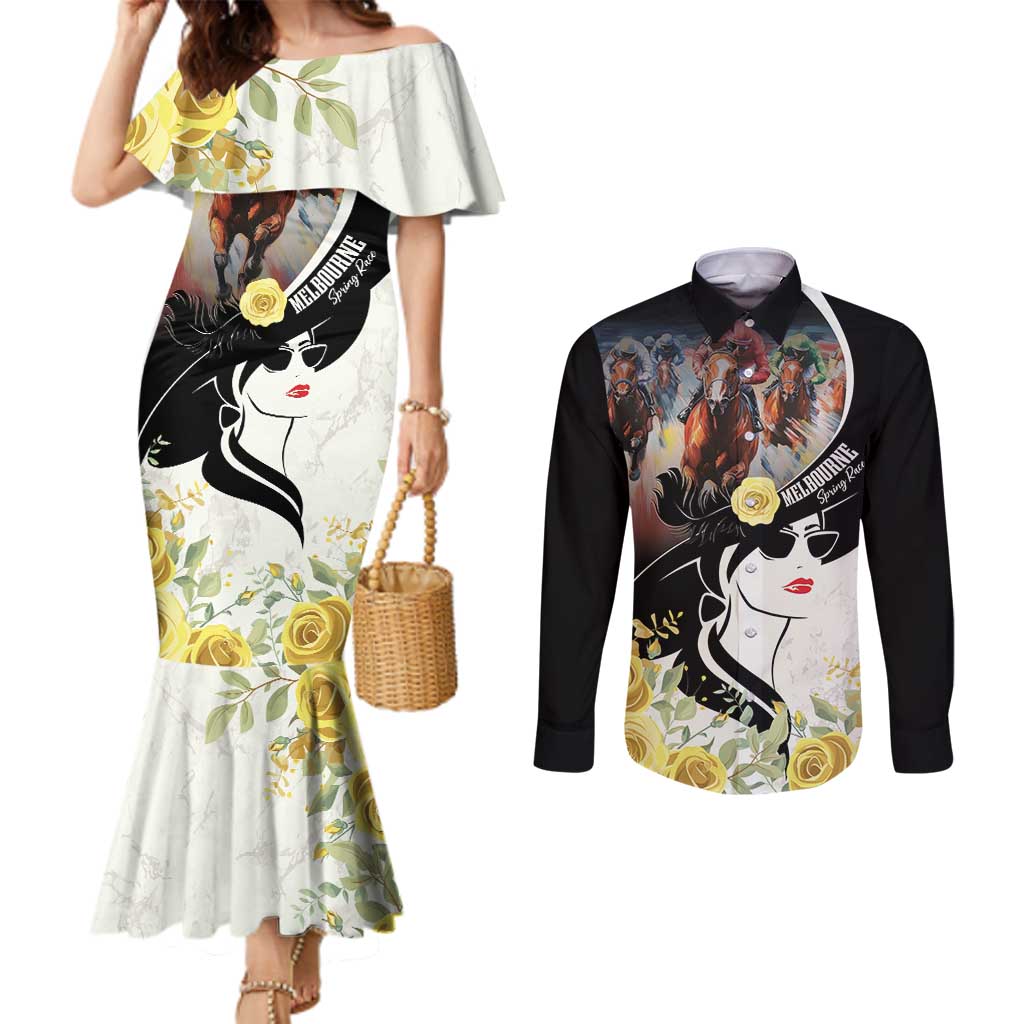 Melbourne Horse Racing Couples Matching Mermaid Dress and Long Sleeve Button Shirt Derby Day