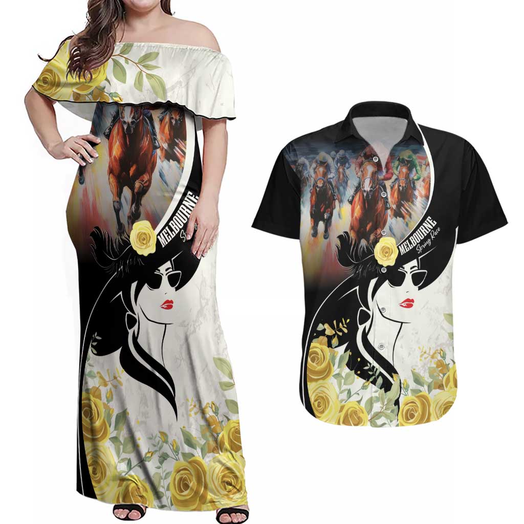 Melbourne Horse Racing Couples Matching Off Shoulder Maxi Dress and Hawaiian Shirt Derby Day