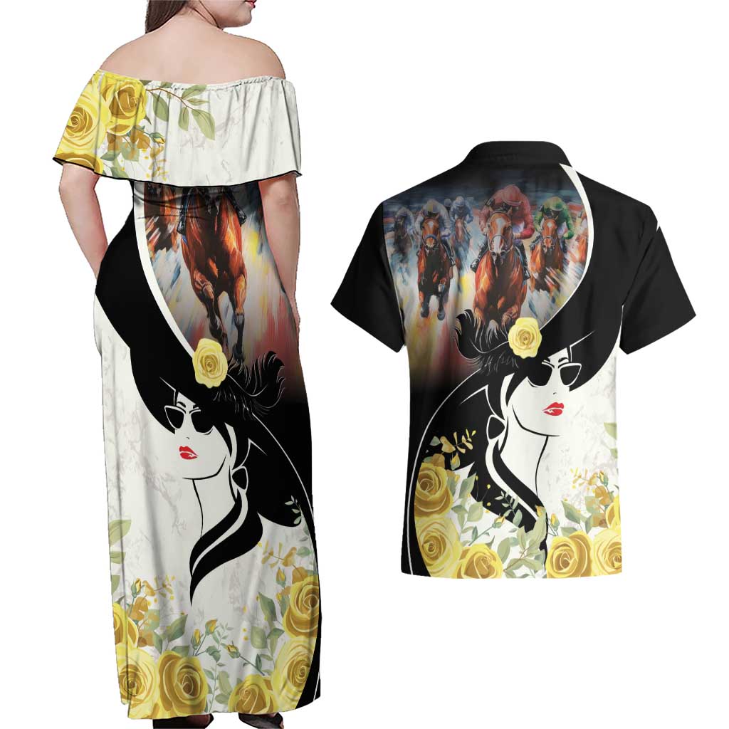 Melbourne Horse Racing Couples Matching Off Shoulder Maxi Dress and Hawaiian Shirt Derby Day