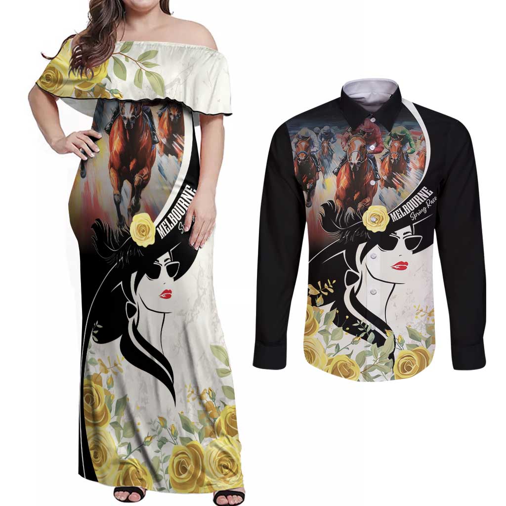 Melbourne Horse Racing Couples Matching Off Shoulder Maxi Dress and Long Sleeve Button Shirt Derby Day