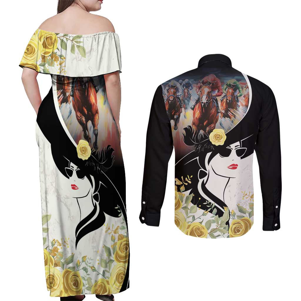 Melbourne Horse Racing Couples Matching Off Shoulder Maxi Dress and Long Sleeve Button Shirt Derby Day