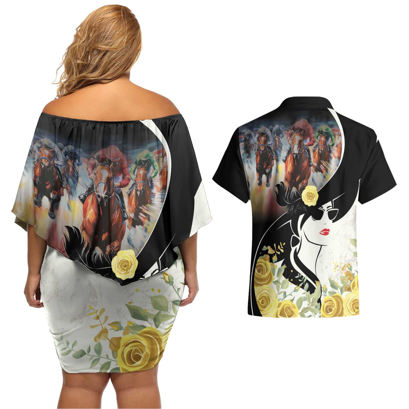 Melbourne Horse Racing Couples Matching Off Shoulder Short Dress and Hawaiian Shirt Derby Day