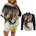 Melbourne Horse Racing Couples Matching Off Shoulder Short Dress and Long Sleeve Button Shirt Derby Day