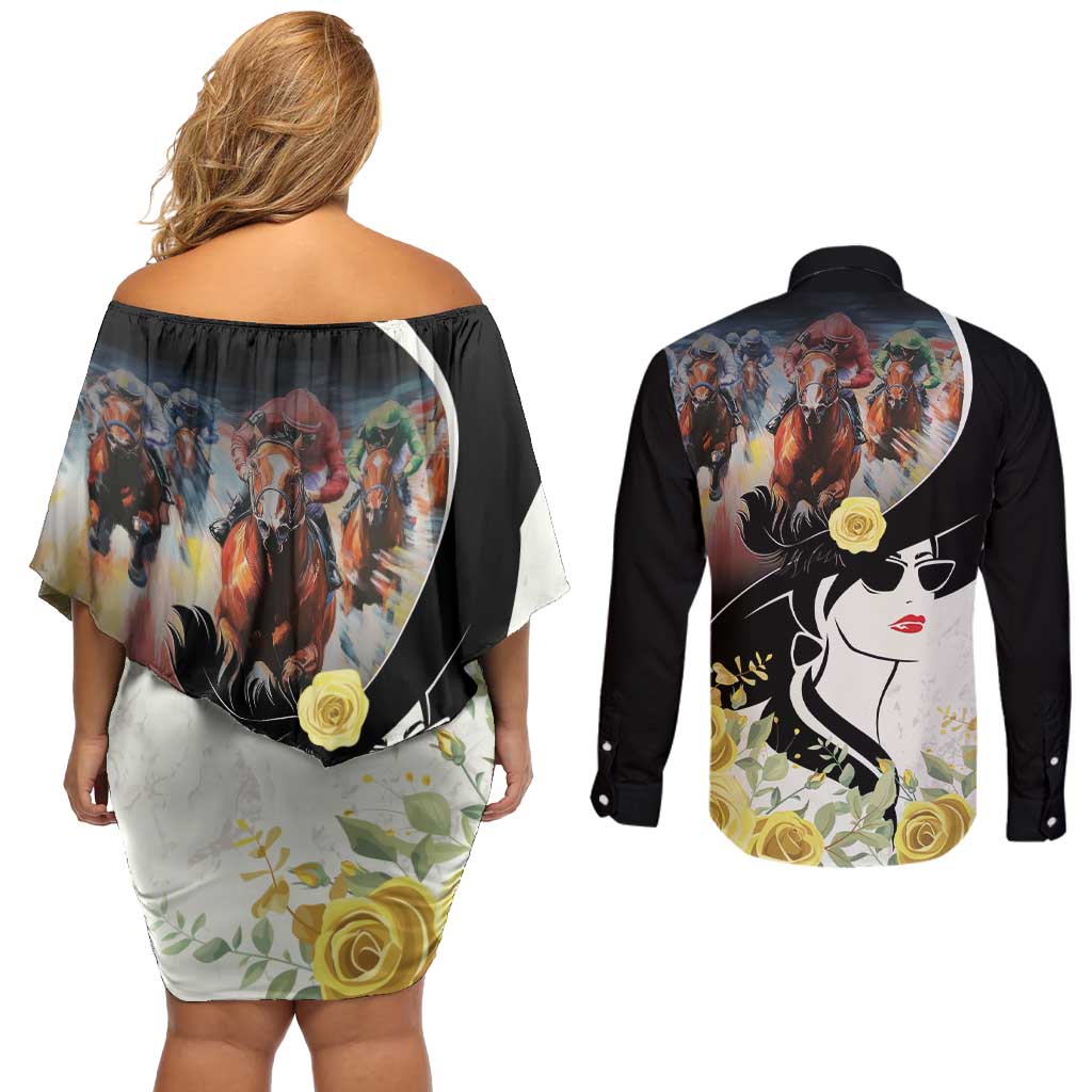 Melbourne Horse Racing Couples Matching Off Shoulder Short Dress and Long Sleeve Button Shirt Derby Day