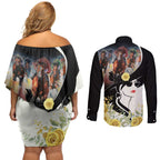 Melbourne Horse Racing Couples Matching Off Shoulder Short Dress and Long Sleeve Button Shirt Derby Day