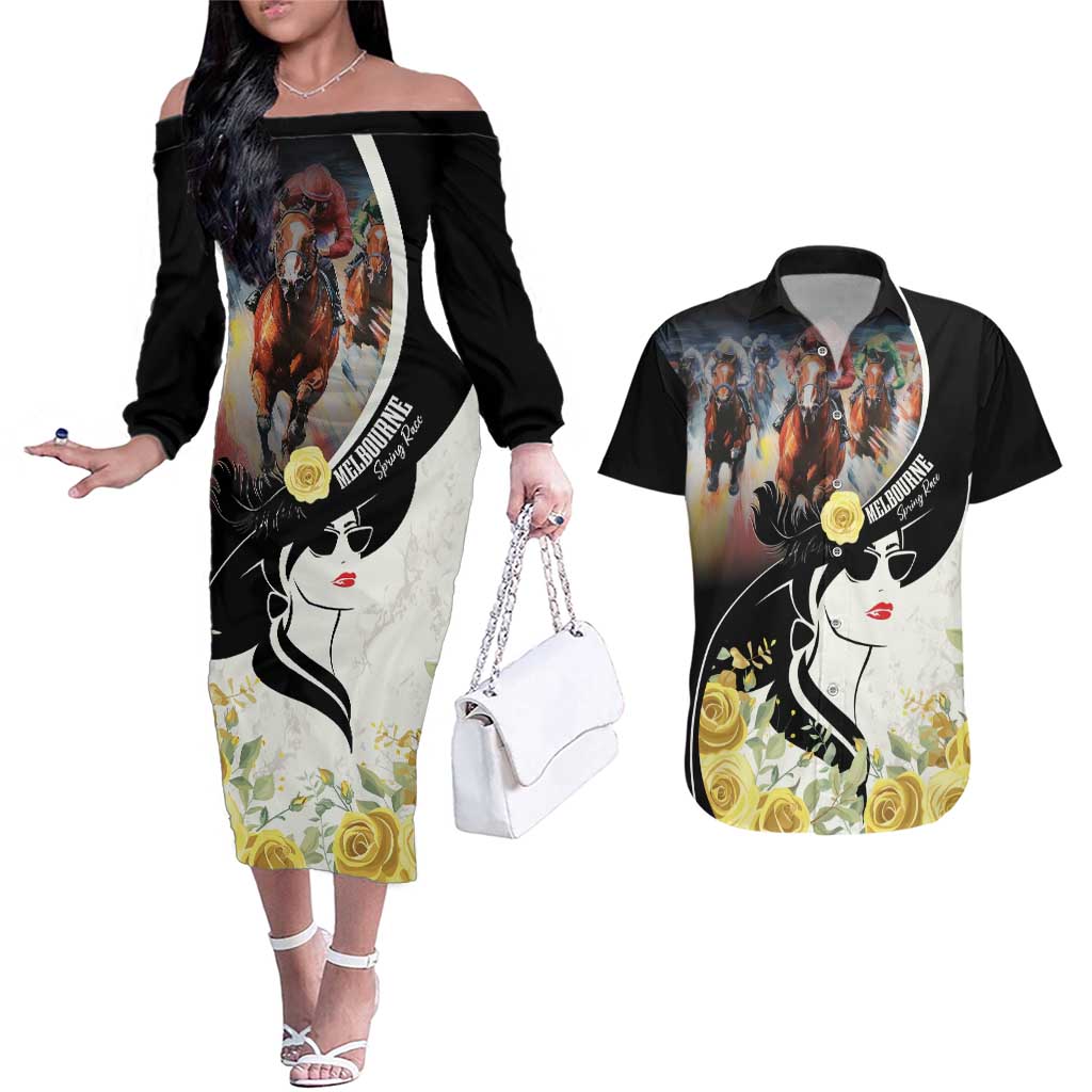 Melbourne Horse Racing Couples Matching Off The Shoulder Long Sleeve Dress and Hawaiian Shirt Derby Day