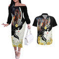 Melbourne Horse Racing Couples Matching Off The Shoulder Long Sleeve Dress and Hawaiian Shirt Derby Day