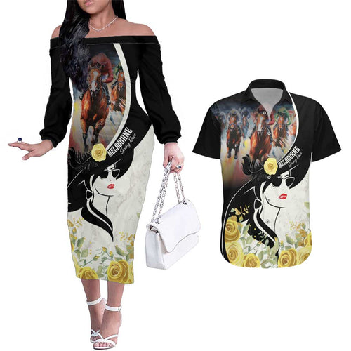 Melbourne Horse Racing Couples Matching Off The Shoulder Long Sleeve Dress and Hawaiian Shirt Derby Day