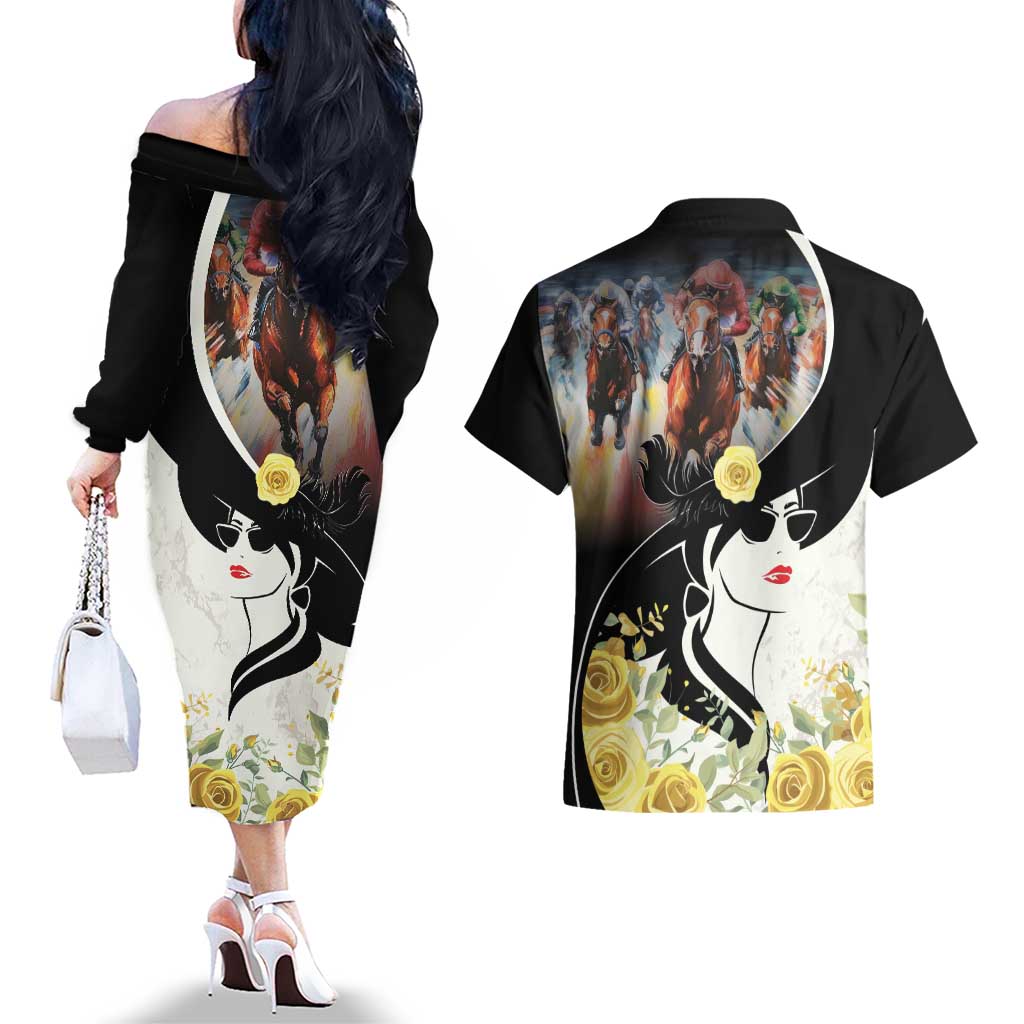 Melbourne Horse Racing Couples Matching Off The Shoulder Long Sleeve Dress and Hawaiian Shirt Derby Day