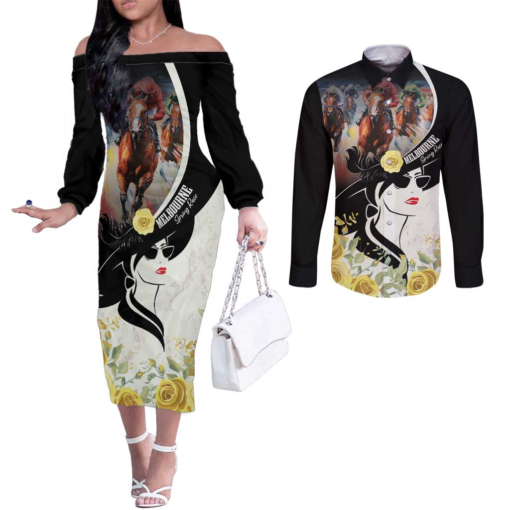 Melbourne Horse Racing Couples Matching Off The Shoulder Long Sleeve Dress and Long Sleeve Button Shirt Derby Day