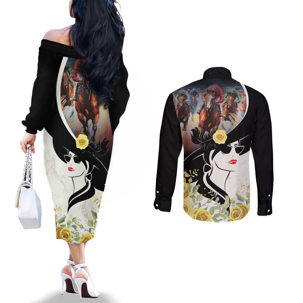 Melbourne Horse Racing Couples Matching Off The Shoulder Long Sleeve Dress and Long Sleeve Button Shirt Derby Day