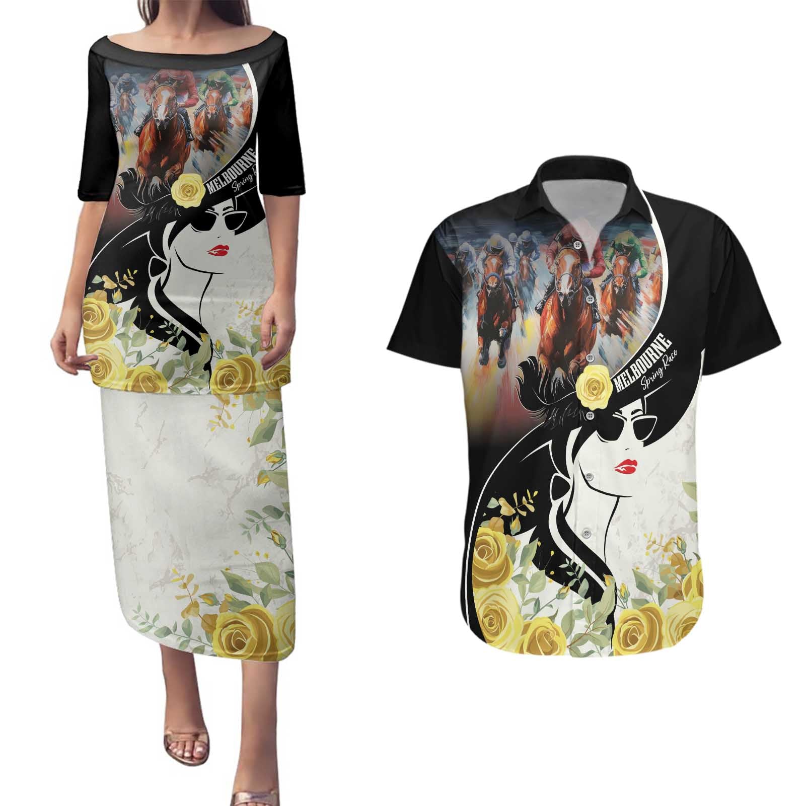 Melbourne Horse Racing Couples Matching Puletasi and Hawaiian Shirt Derby Day