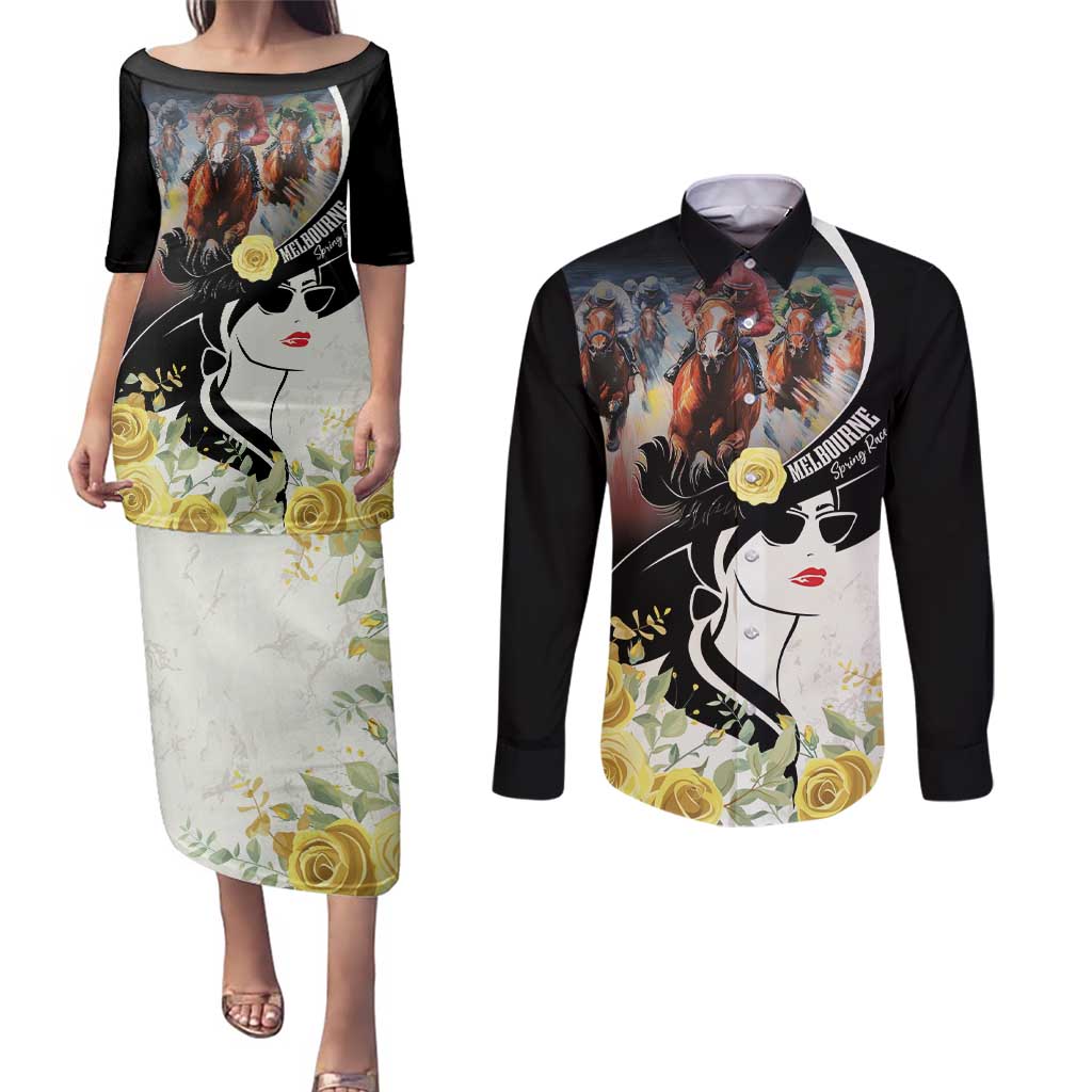 Melbourne Horse Racing Couples Matching Puletasi and Long Sleeve Button Shirt Derby Day