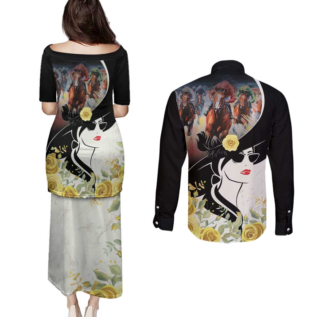 Melbourne Horse Racing Couples Matching Puletasi and Long Sleeve Button Shirt Derby Day