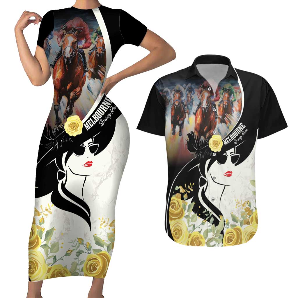 Melbourne Horse Racing Couples Matching Short Sleeve Bodycon Dress and Hawaiian Shirt Derby Day