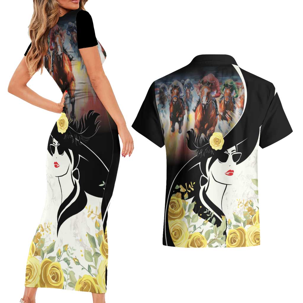 Melbourne Horse Racing Couples Matching Short Sleeve Bodycon Dress and Hawaiian Shirt Derby Day