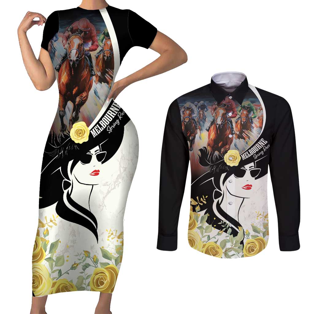 Melbourne Horse Racing Couples Matching Short Sleeve Bodycon Dress and Long Sleeve Button Shirt Derby Day