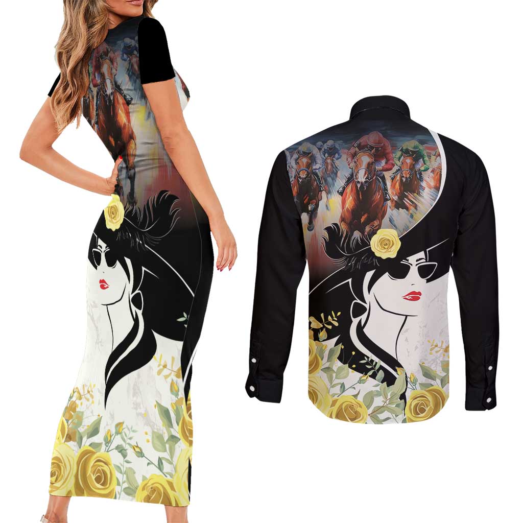 Melbourne Horse Racing Couples Matching Short Sleeve Bodycon Dress and Long Sleeve Button Shirt Derby Day