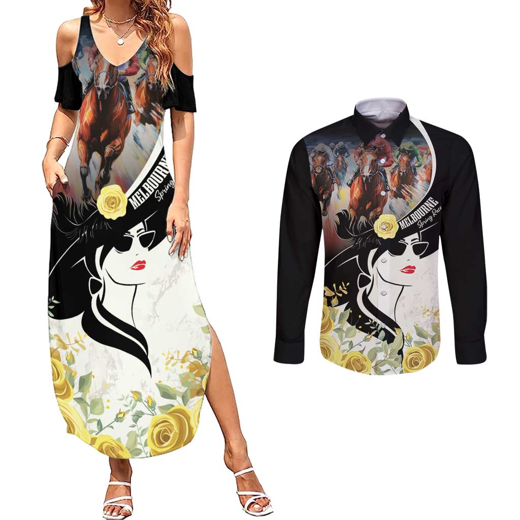 Melbourne Horse Racing Couples Matching Summer Maxi Dress and Long Sleeve Button Shirt Derby Day