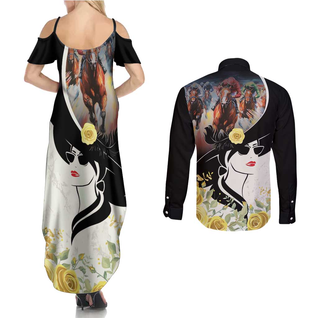 Melbourne Horse Racing Couples Matching Summer Maxi Dress and Long Sleeve Button Shirt Derby Day