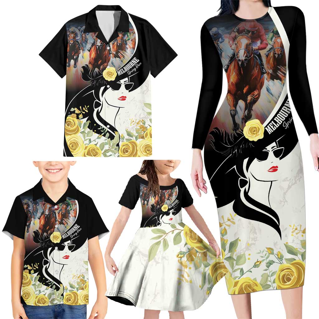 Melbourne Horse Racing Family Matching Long Sleeve Bodycon Dress and Hawaiian Shirt Derby Day