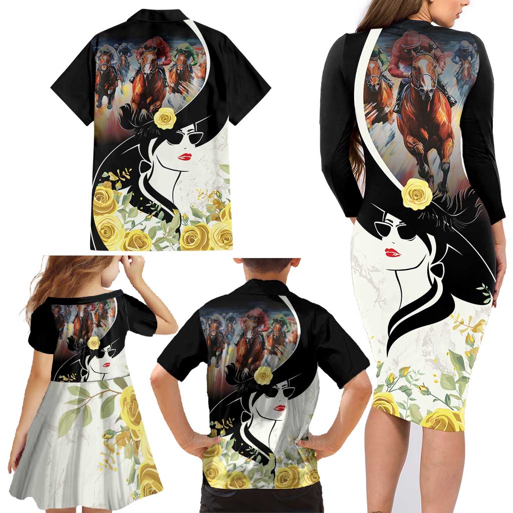 Melbourne Horse Racing Family Matching Long Sleeve Bodycon Dress and Hawaiian Shirt Derby Day
