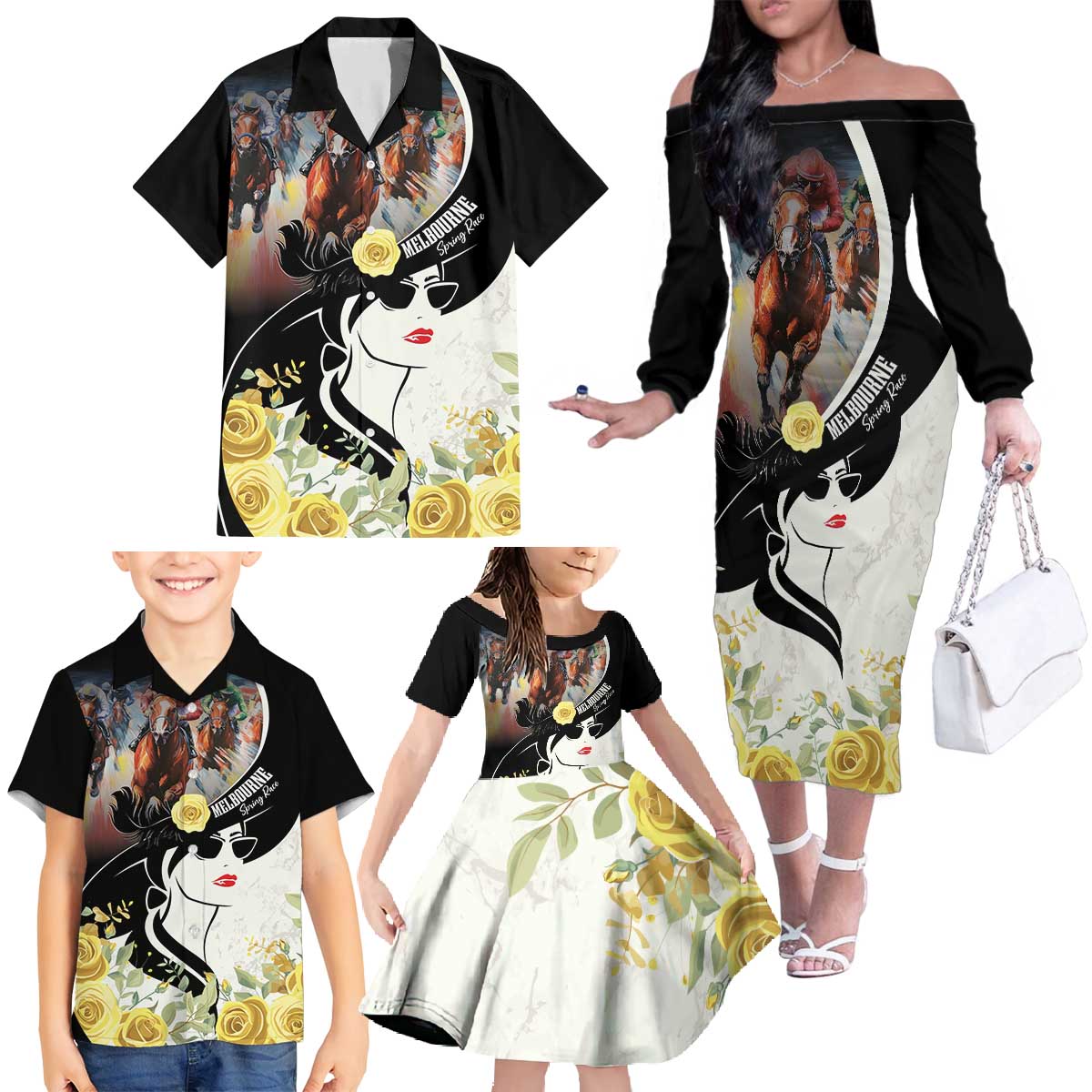Melbourne Horse Racing Family Matching Off The Shoulder Long Sleeve Dress and Hawaiian Shirt Derby Day