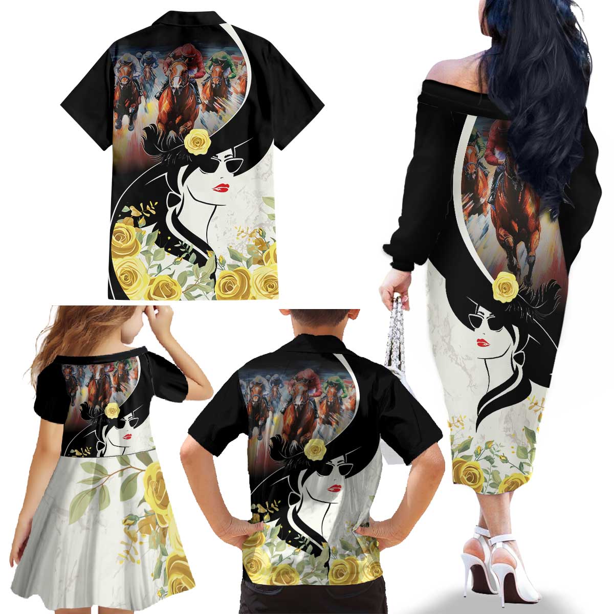 Melbourne Horse Racing Family Matching Off The Shoulder Long Sleeve Dress and Hawaiian Shirt Derby Day