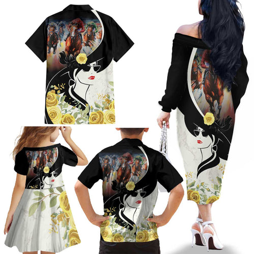 Melbourne Horse Racing Family Matching Off The Shoulder Long Sleeve Dress and Hawaiian Shirt Derby Day